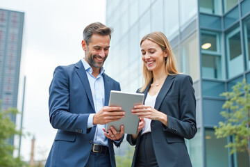 meeting business colleagues looking at a tablet against the background of a modern office building