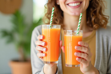 carrot or orange juice in a bottle in a woman's hand, a healthy eating concept