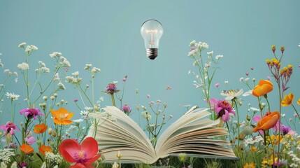 Wall Mural - open book in a field of flowers with a lightbulb above