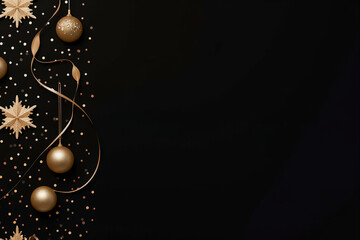 Christmas yellow decoration on a black background, balloons, garland, lights, minimalism