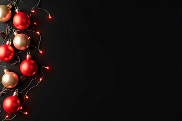 Сhristmas red balloons ,garlands, candles, fir branches, on a black background , copy space