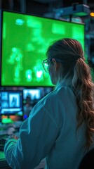 Wall Mural - a woman in a white lab coat and safety glasses sits at a computer workstation, looking at a large mo