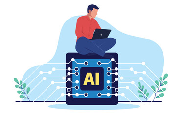 Aufkleber - Using artificial intelligence on computer - Man person working on laptop with help from AI service or software, writing content or developer code. Flat design vector illustration on white background