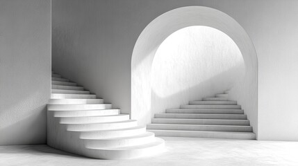 Minimalist white interior with two staircases leading to a round archway with light streaming through.