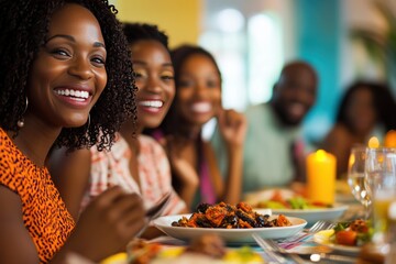 Group of African American friends dining at a local restaurant, sharing laughter and vibrant dishes, bright colors and genuine expressions, capturing shared moments