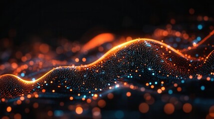 A stunning abstract image of waves illuminated by glowing particles in vibrant orange and blue colors, perfect for digital designs.