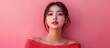© vxnaghiyev - Portrait of a beautiful Asian woman against a pink background embodying a love concept for Valentine s Day. with copy space image. Place for adding text or design