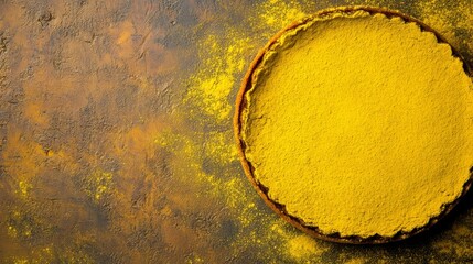 A golden yellow powder covers a round pie crust on a rustic brown background.