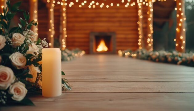 romantic winter wedding ceremony by a cozy fireplace with warm lights and rustic decor, perfect for 