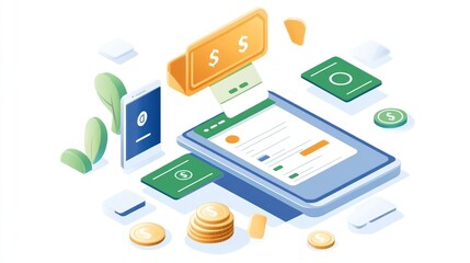 Isometric illustration of a mobile banking concept with a smartphone, dollar symbols, cash flow, coins, credit cards, and financial interface elements floating around.