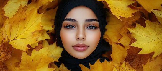 Top view portrait of a beautiful young Arab brunette woman against a backdrop of autumn yellow leaves outdoors. with copy space image. Place for adding text or design