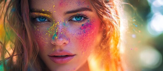 Young attractive woman at the Holi color festival in the park Enjoying outdoor festivities Multicolored powder covers her face Close up portrait individuals Copy space