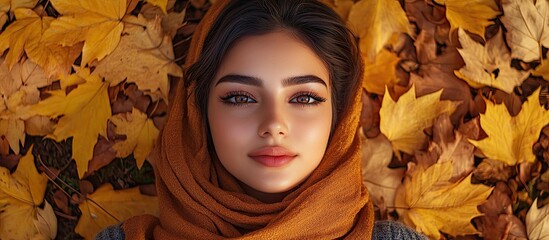 Top view portrait of a beautiful young Arab brunette woman against a backdrop of autumn yellow leaves outdoors. with copy space image. Place for adding text or design