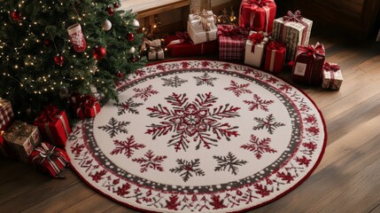 Wall Mural - Festive christmas living room with snowflake rug and decorated tree