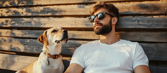 Low angle shot of a young handsome male with a beard dressed in a white t shirt and eyeglasses relaxing on a wooden bench with a purebred dog on a leash gazing off to the side. with copy space image