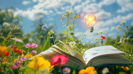 Wall Mural - open book with light bulb floating above flowers in a meadow