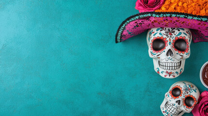 Colorful sugar skulls adorned with vibrant decorations and flowers, perfect for celebrating Dia de Muertos. bright turquoise background enhances festive atmosphere