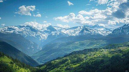 Wall Mural - majestic mountain range with snow-capped peaks and lush green forest