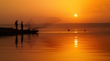 Wall Mural - two fishermen in a boat cast nets at sunset
