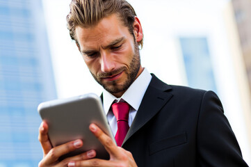 Businessman using digital tablet outside office building