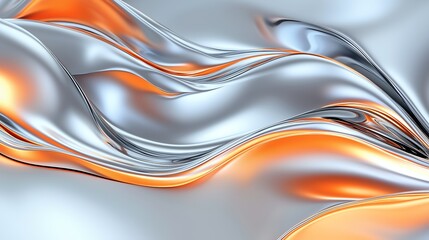 A silver and orange wave is shown in a painting. The wave is long and curvy, with a metallic sheen that gives it a futuristic appearance. The orange color of the wave contrasts with the silver