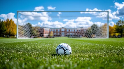 A soccer ball is sitting on the grass in front of a goal