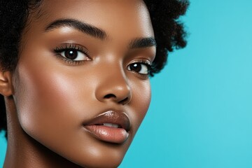 Close-up of a young woman with natural beauty showcasing flawless skin against a blue background