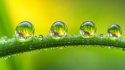 Macro view of fresh dew on grass capturing each droplet's clarity and natural reflections in sharp detail