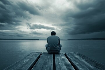 Lonely man sitting on a pier contemplating a lake under dramatic sky