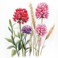 Wall Mural - Red Clover and Pink Flowers - Herbal Medicine in Watercolor Illustration