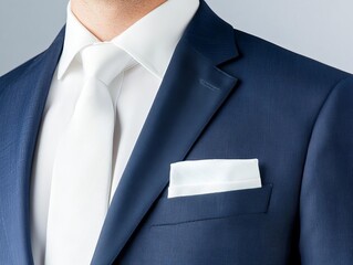 Closeup of a white tie and navy blue suit, focusing on fabric textures and crisp design for corporate branding, white tie navy suit, business fashion