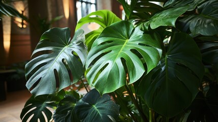 Wall Mural - Lush Green Monstera Deliciosa Leaves in a Sunlit Interior