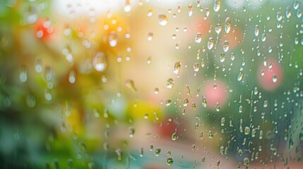 Wall Mural - raindrops on glass with blurred garden background