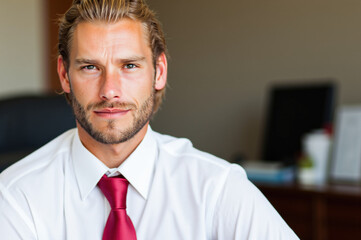 Portrait of businessman sitting in office wearing white shirt and red tie