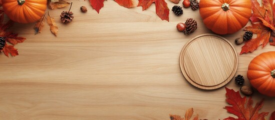 Fototapete - Thanksgiving Day Flat lay arrangement featuring pumpkins leaves and a round board on a light wooden table with space for text. with copy space image. Place for adding text or design