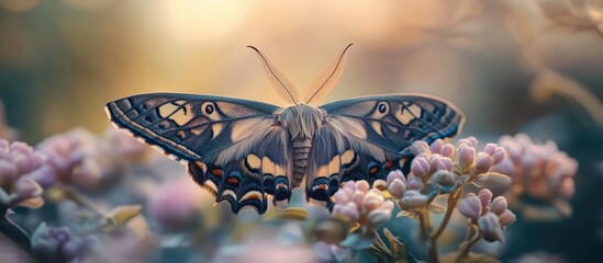 Poster - Close up of a moth resting on a plant in the garden. with copy space image. Place for adding text or design