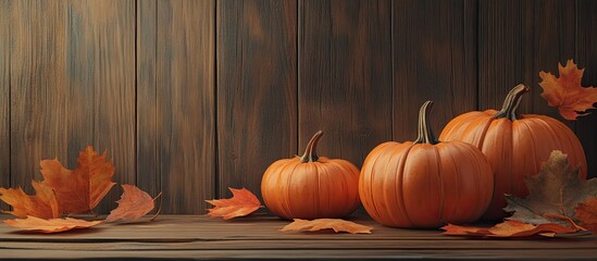 Fototapete - Autumn pumpkins accompanied by leaves on a wooden surface. with copy space image. Place for adding text or design