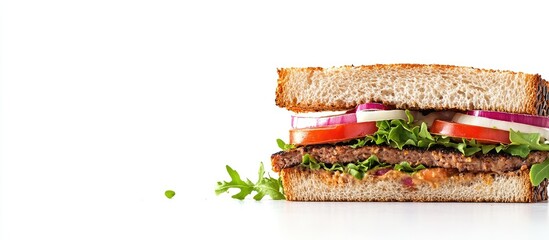Poster - Photo of a sandwich with mixed ingredient slices and white space for text. with copy space image. Place for adding text or design