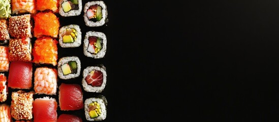 Leinwandbilder - A diverse collection of various sushi rolls Numerous sushi pieces isolated on a black background with accompanying text and copy space A prepared restaurant menu banner showcasing an assortment of 