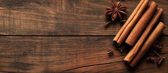 Leinwandbilder - Arrangement of cinnamon on a wooden background. with copy space image. Place for adding text or design