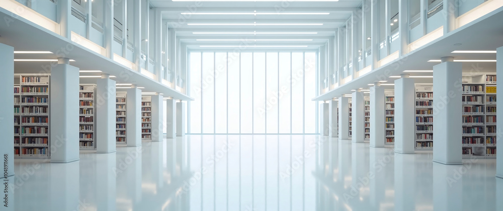 View into a large library, in modern bright architecture, resting ...