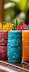 Colorful tiki cocktail mugs with tropical garnishes and vibrant decorations, perfect for summer gatherings.