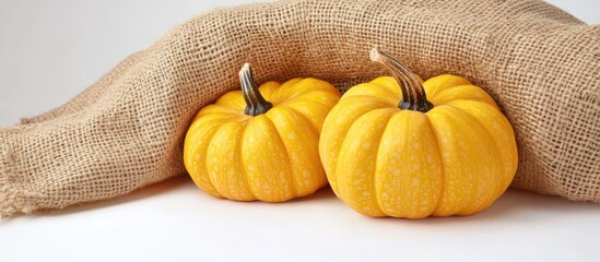 Fototapete - Yellow orange pumpkins in burlap on a white background representing Halloween and the autumn pumpkin harvest farm produce Horizontal side view close up with top copy space and shallow depth of fiel