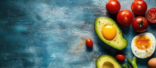 Poster - avocado tomatoes onion and egg on a blue rustic surface. with copy space image. Place for adding text or design