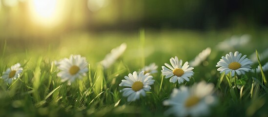 Wall Mural - daisy flowers in the grass with a green shallow depth of field lovely daisy flowers in their natural