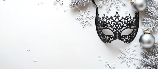 Aufkleber - Black lace carnival mask for women decorative baubles snowflakes on a white background Merry Christmas and Happy New Year Flat lay top view. with copy space image. Place for adding text or design