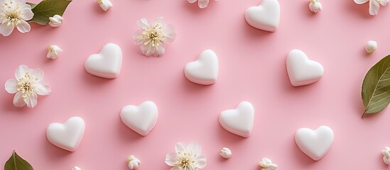 Aufkleber - Delicious homemade candy shaped like hearts and white flowers on a pink background perfect for Valentine s Day concept or card holiday backdrop with copyspace top view