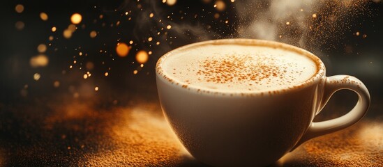 Poster - The hot cappuccino cup adorned with milk foam and dusted with coffee powder creates a delightful experience when enjoyed accompanied by copy space
