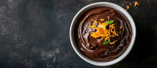 Aufkleber - tasty chocolate mousse in a white bowl topped with orange zest. with copy space image. Place for adding text or design