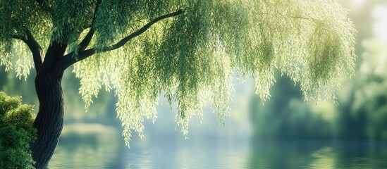 Poster - Beautiful willow tree with green leaves outside on a sunny day close up Space for text. with copy space image. Place for adding text or design
